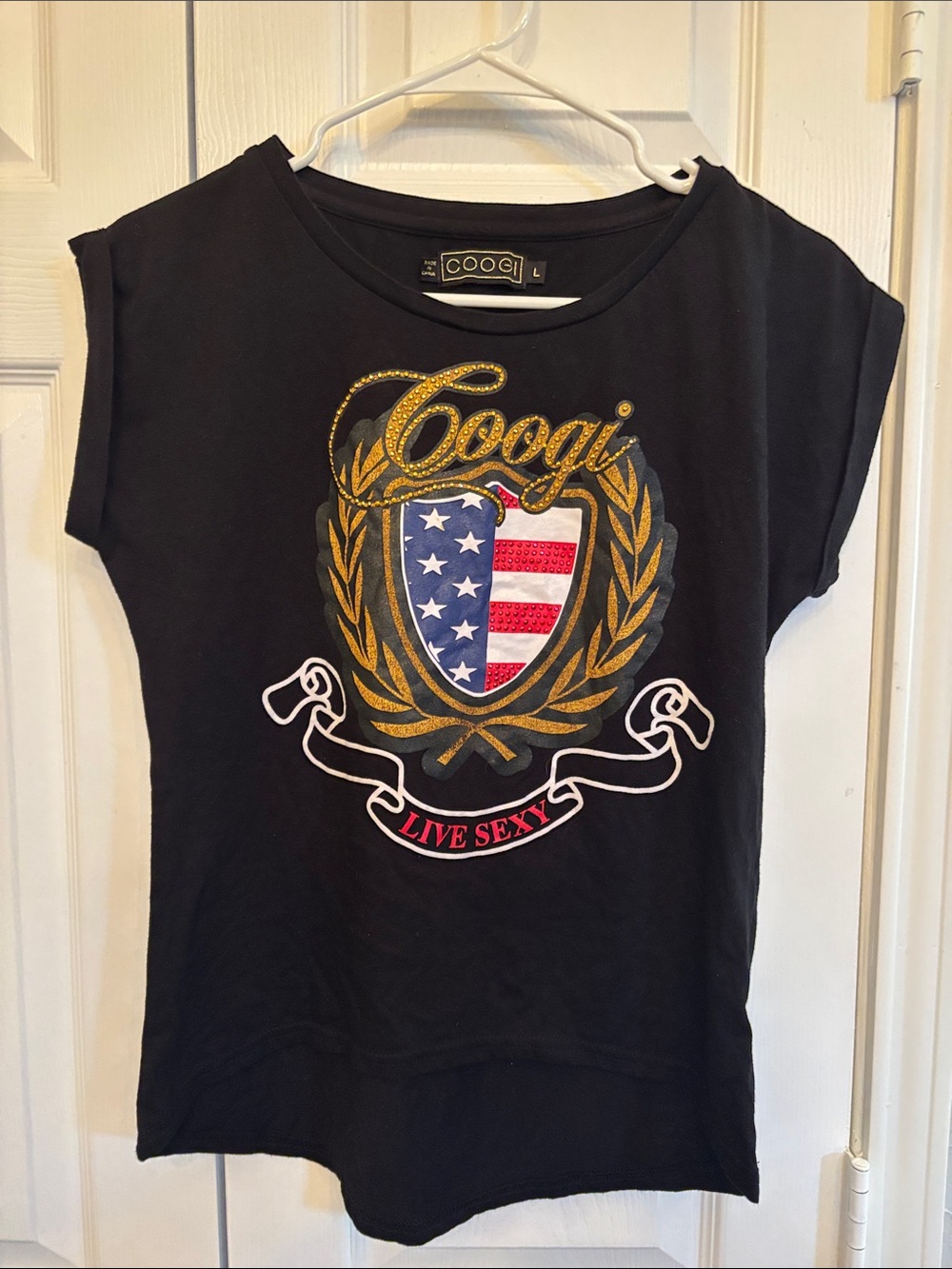 COOGI Black Short Sleeve Tee with Gold Crest and American Shield